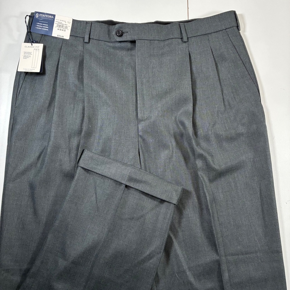 NEW Stafford Dress Pants 40x32 Charcoal Gray Sharkskin Pleated Classic Rayon